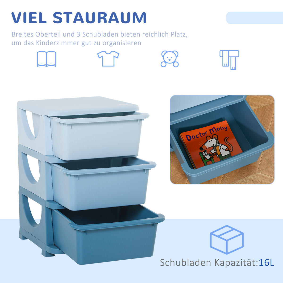 AUFBEWAHRUNGSBOXEN für Kinder, 3 große Schubladen, Kunststoff, Blau - Blau, Kunststoff (37/56.5/37cm) - HOMCOM