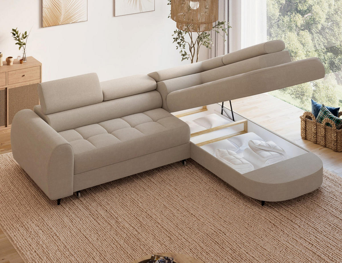 ECKSOFA Vesteria mit Schlaffunktion und Bettkasten – Modernes Design, verstellbare Kopfstützen und hoher Sitzkomfort - Beige, Kunststoff (279/72cm) - Wohnideebilder
