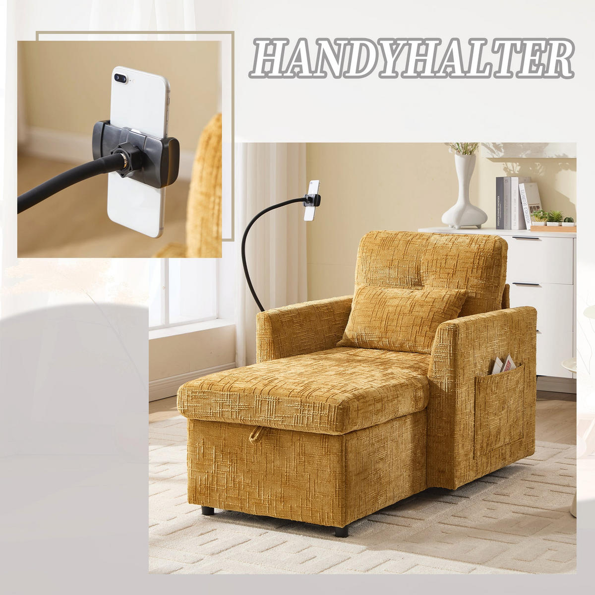 SCHLAFSOFA in Senfgelb aus Chenille mit Handyhalterung & Stauraum - Gelb/Grün, Textil (84/87/125cm) - Urban Meuble