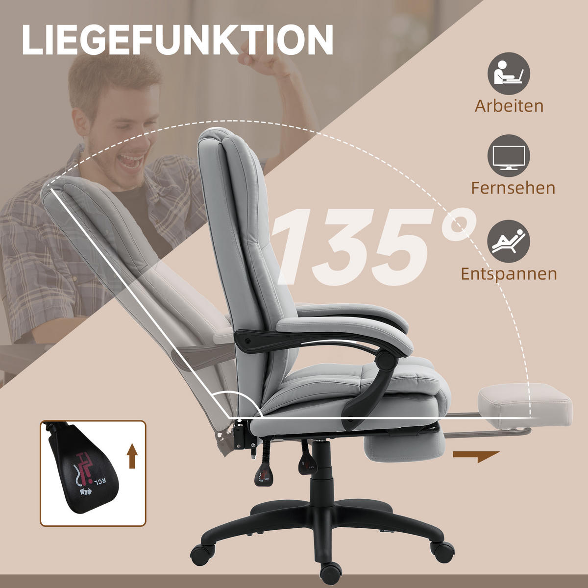 BÜROSTUHL mit 5 Massagemodi, Ergonomisch Schreibtischstuhl mit Liegefunktion - Hellgrau/Schwarz, Kunststoff (68.5/121/68.5cm) - Vinsetto