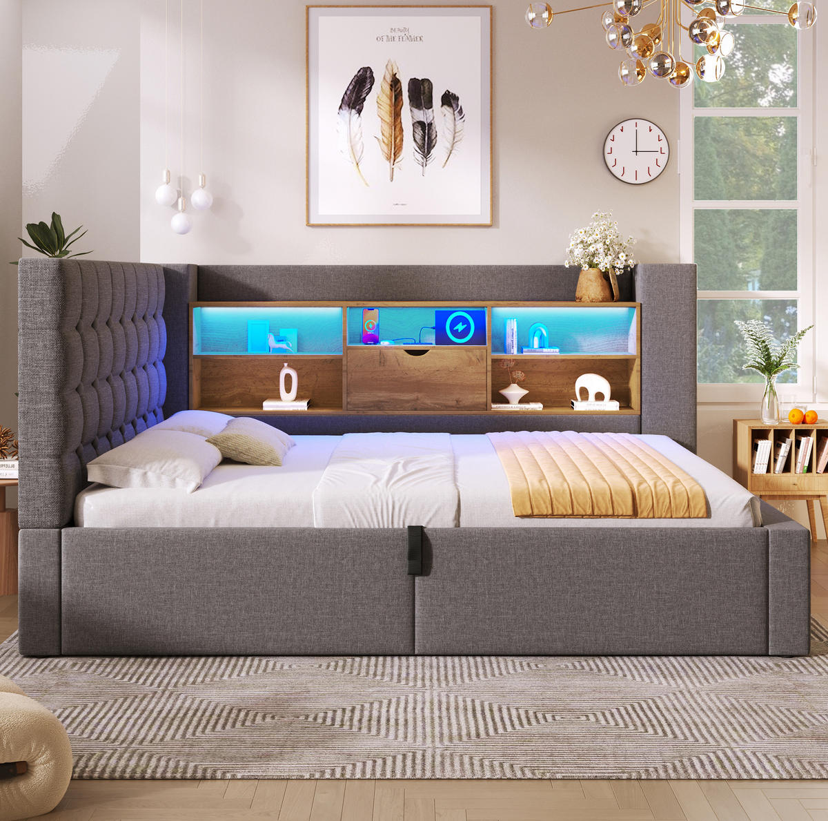 BETT mit Stauraum 90x200 cm Leinen Grau - Grau, Metall (90/200cm) - Meubliv