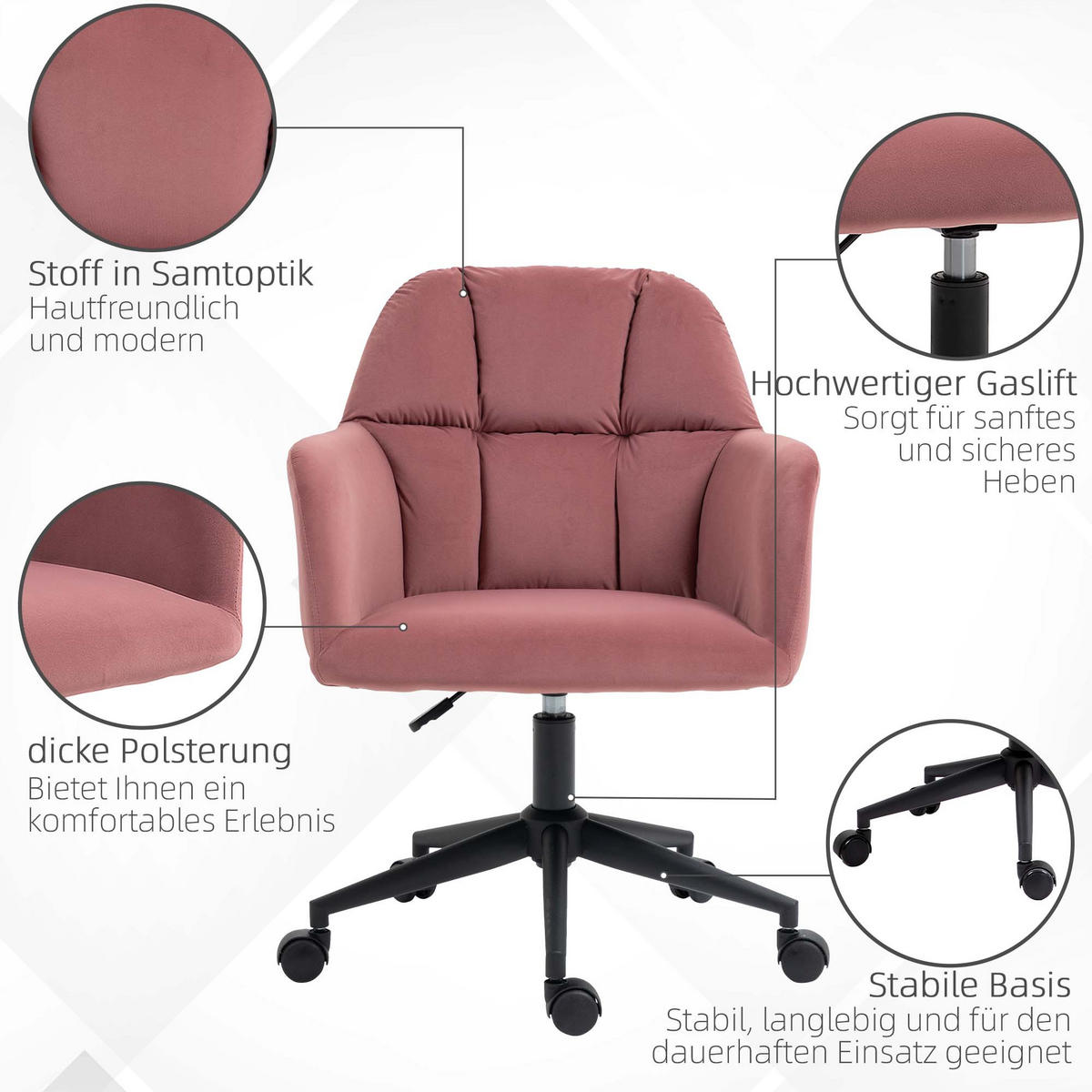 BÜROSTUHL, Höhenverstellbarer Schreibtischstuhl mit Samtoptik, Rückenlehne - Rosa, Kunststoff (58.5/86/58cm) - Vinsetto