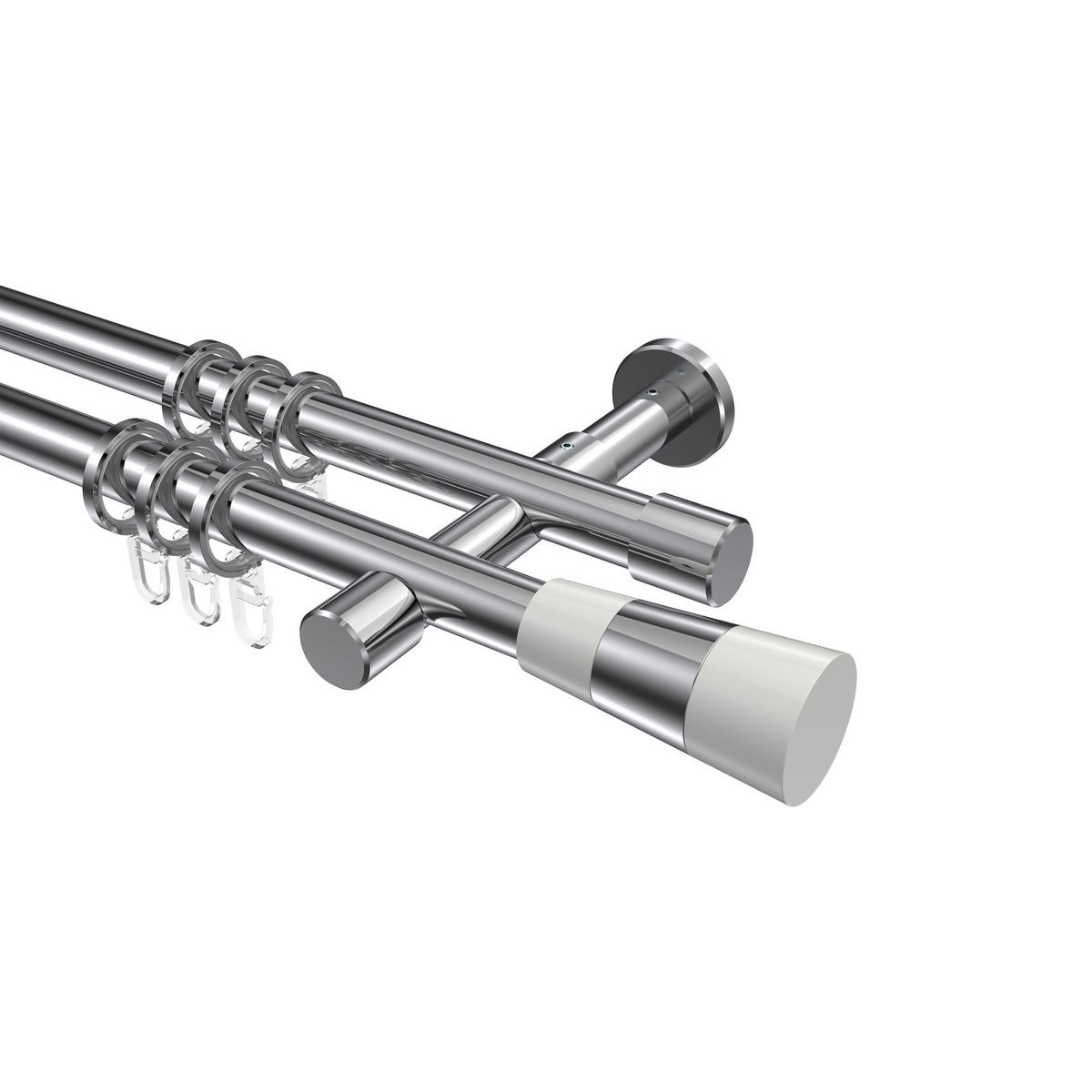 GARDINENSTANGEN-SET Prestige Tanara 120 cm, 2-läufig, 20 mm Ø Chrom - Chromfarben/Weiß, Metall (120cm) - INTERDECO