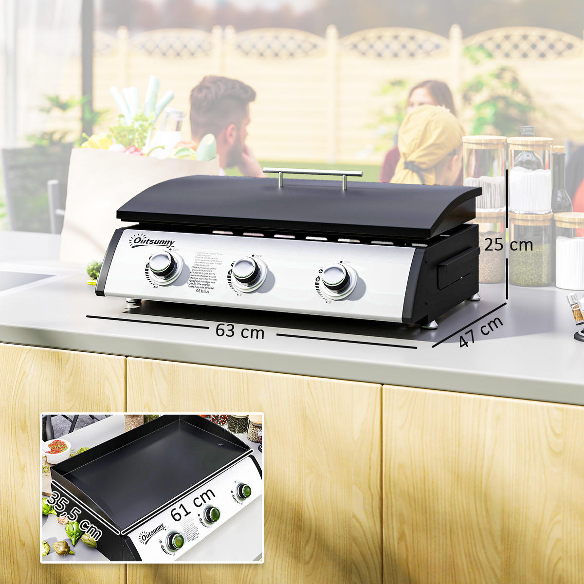 PLANCHA DE-18617 3 Brenner, 7,5 kW, mit Deckel Schwarz - Schwarz, Metall (47/25/63cm) - ComfortXL