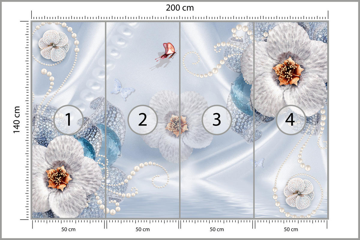 FOTOTAPETE für Schlafzimmer Blumen Perlen Schmetterlinge Blau 200x140 - Blau/Gelb, Papier (200/140cm) - Muralo