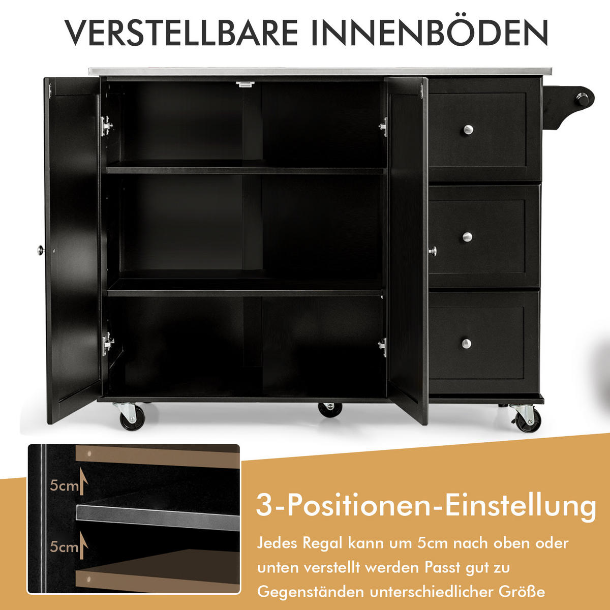 KÜCHENINSEL Schwarz - Schwarz, Holz (46/92/135cm) - COSTWAY
