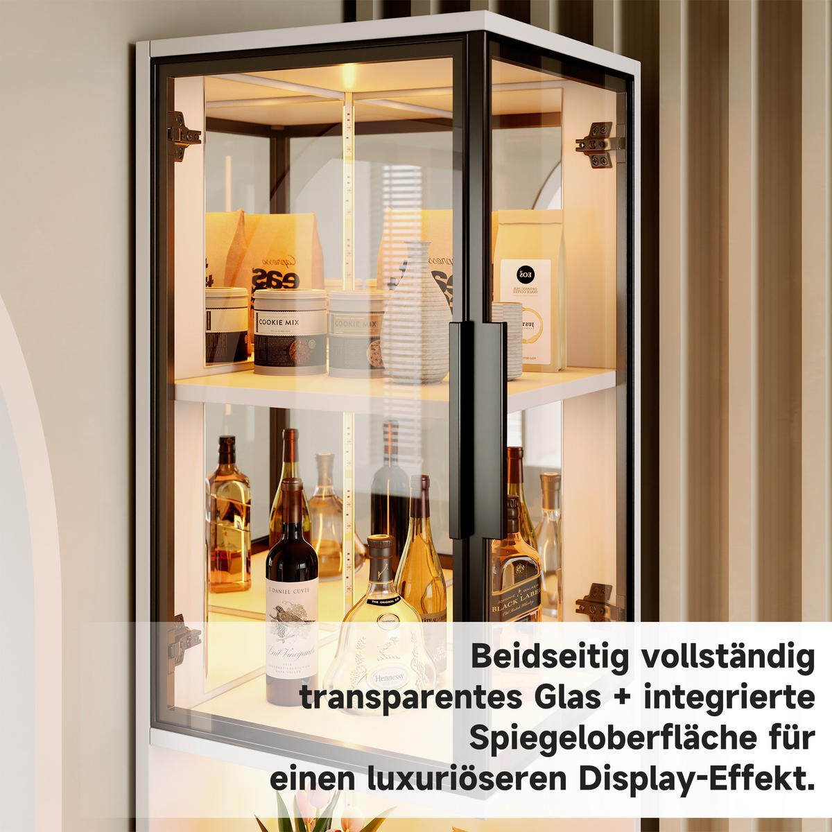 VITRINE 205cm LED Glas Doppel Türen verspiegelte Rückwand modern - Weiß, Holzwerkstoff (44/205/42cm) - FLIEKS