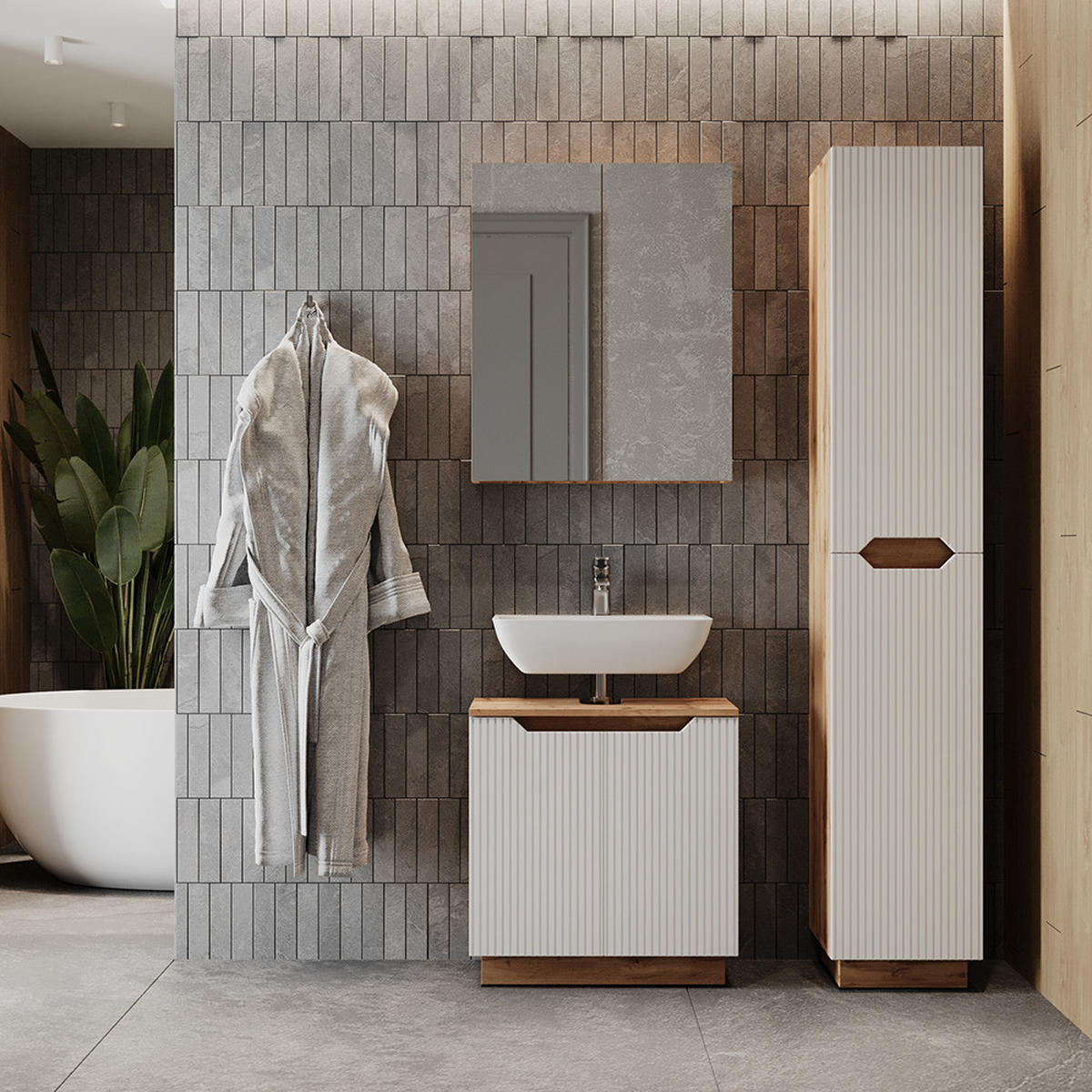 BADMÖBEL-SET Lotta Eiche/weiß gestreift 3 Teile - Eichefarben/Weiß, Holzwerkstoff (59.8/62.1/32cm) - Vicco