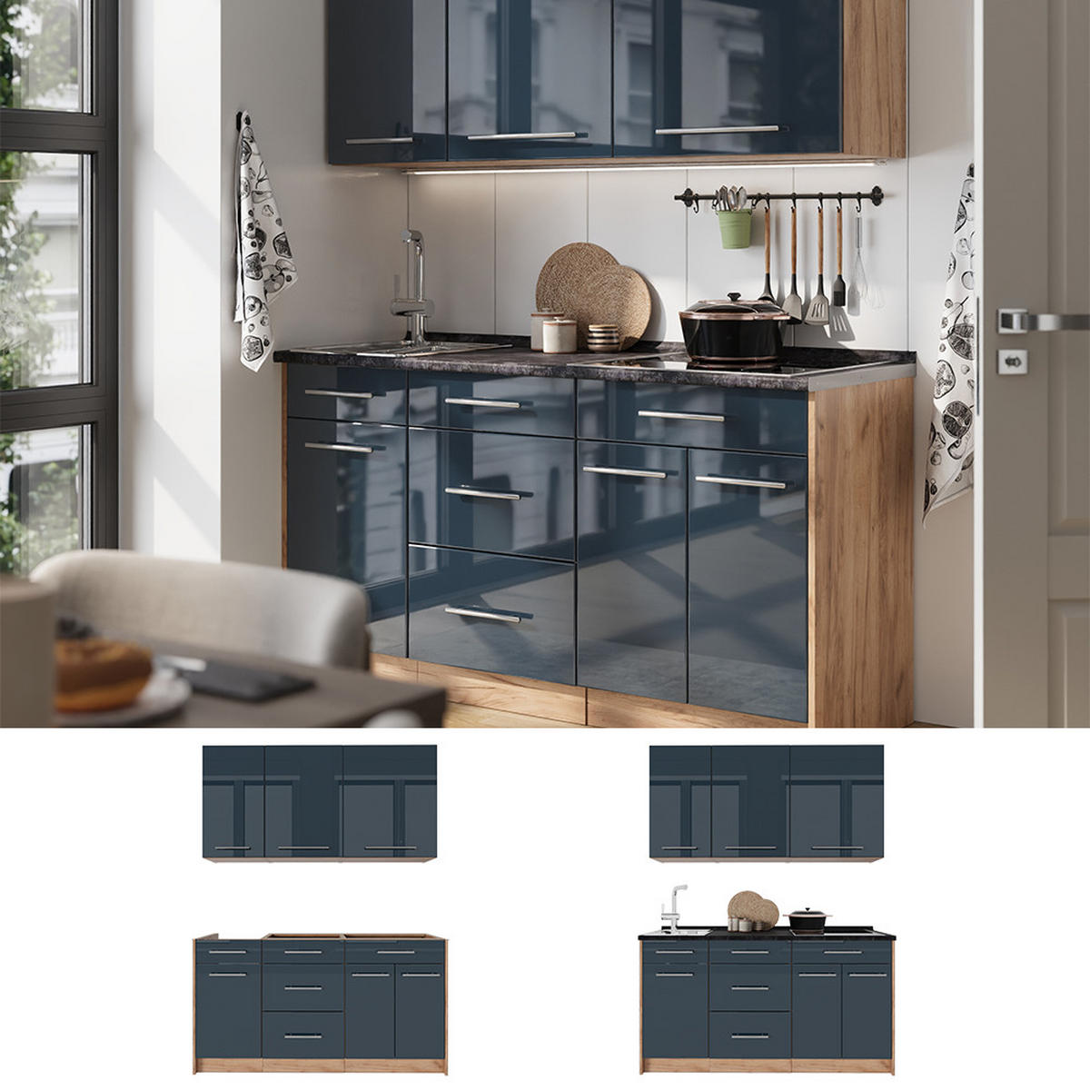 SAMOSTATNÁ KUCHYŇA Fame-Line, Tmavo modrá vysoký lesk/Dub Goldkraft, 150 cm, AP Marble - tmavomodrá/dub medový, kompozitné drevo (150/82/60cm) - Vicco