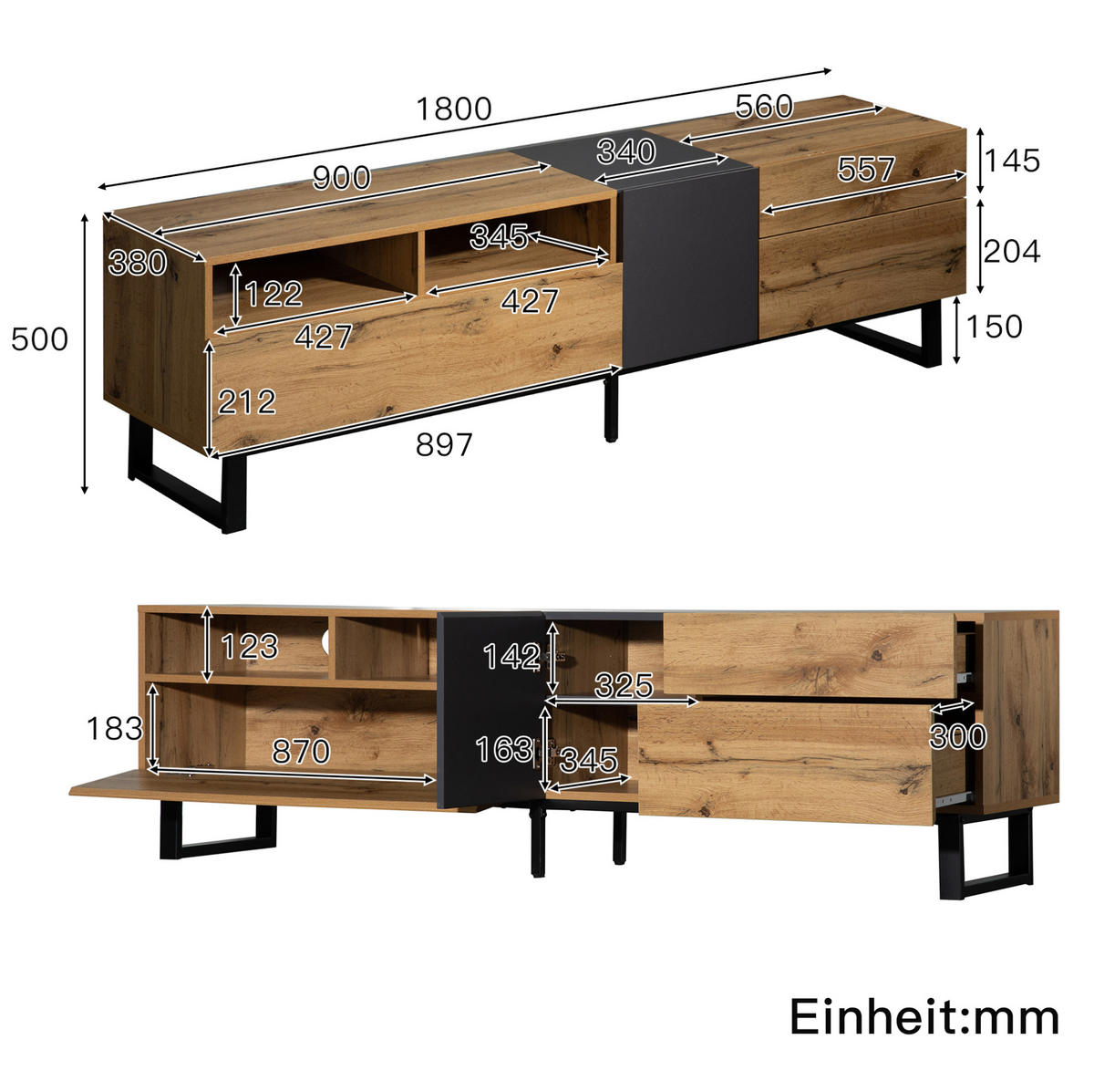 TV-SCHRANK mit 2 Schubladen 180 x 38 x 50 cm MDF Eiche Anthrazit - Schwarz, Holzwerkstoff (45.5/35/180cm) - Beauniv