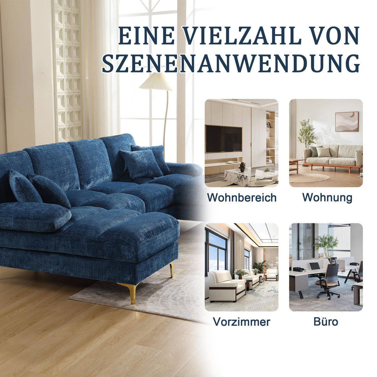 U-FORM Wohnlandschaft Chenille mit 2 Liegeflächen 272/136/88 cm Blau - Blau, Textil/Metall (136/88/272cm) - Redom
