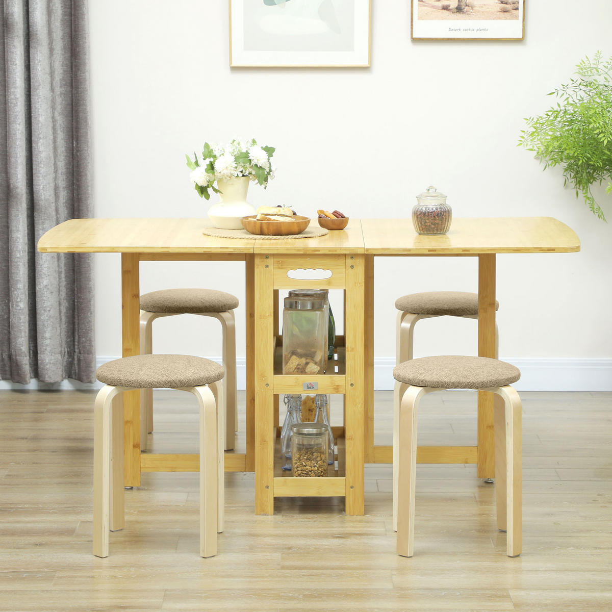HOCKER 4er Set Holzwerkstoff Polyester Khaki - Naturfarben/Braun, Birkenholz/Holzwerkstoff (40/45/40cm) - HOMCOM
