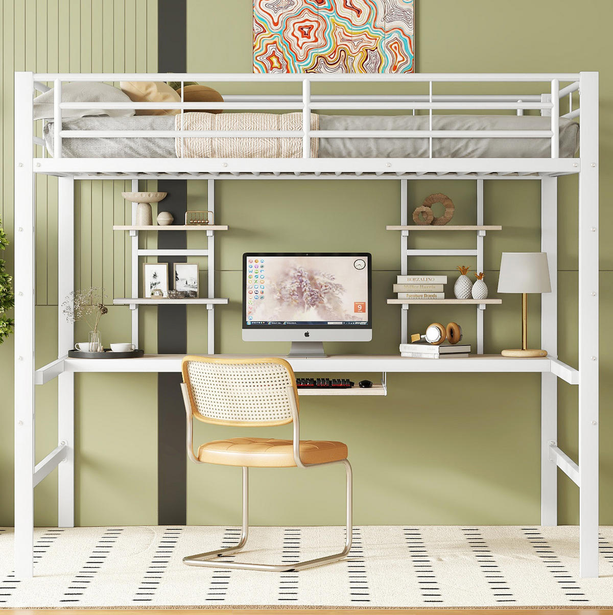 HOCHBETT 140/200 cm Weiß mit Schreibtisch und Regalen - Weiß, Metall (140/200cm) - MIVRAY