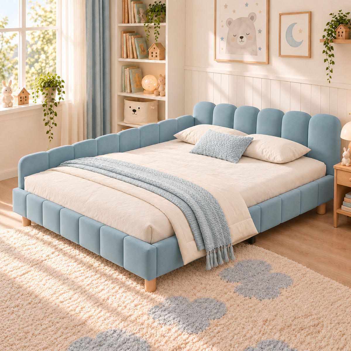 POLSTERBETT 140x200cm, Blau, Samt, Rausfallschutz - Blau, Textil (140/200cm) - FLIEKS