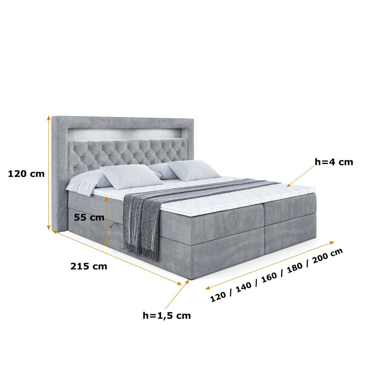 BOXBETT LED mit H4-Matratze und Lattenrost - NOEL GOLD - 160x200 Grau - Grau, Holzwerkstoff (160/200cm) - ALTDECOR