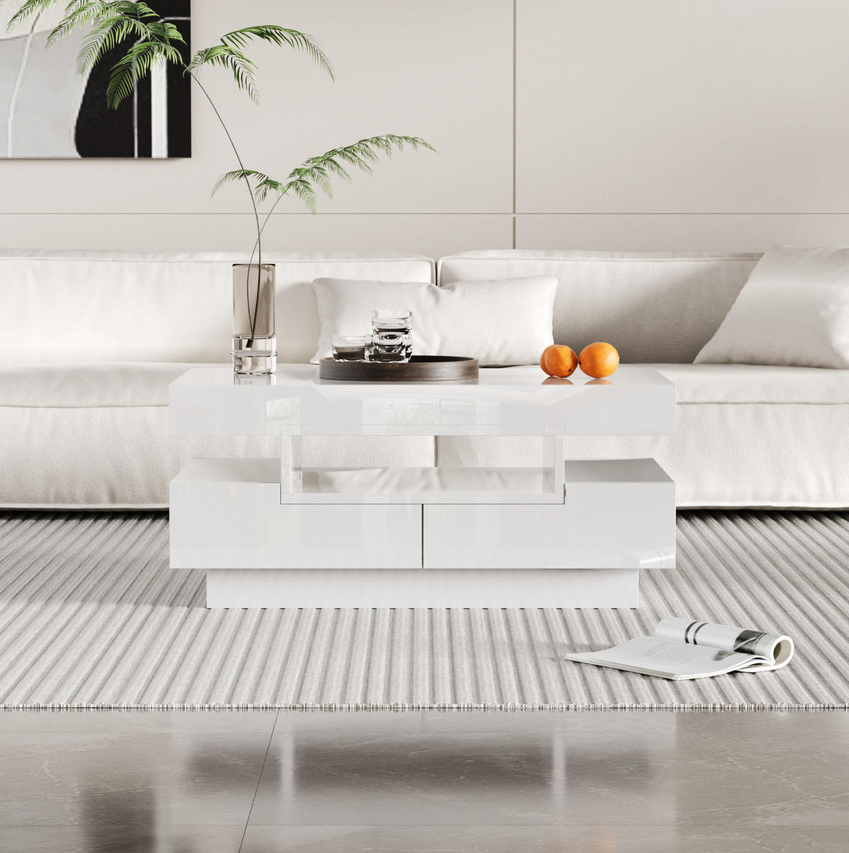 COUCHTISCH, Weiß Hochglanz auf Spanplatte, integrierte LED, 4 Schubladen & 3 offene Fächer, 80/50/36 cm, Weiß - Weiß, Holzwerkstoff (80/50/36cm) - Redom