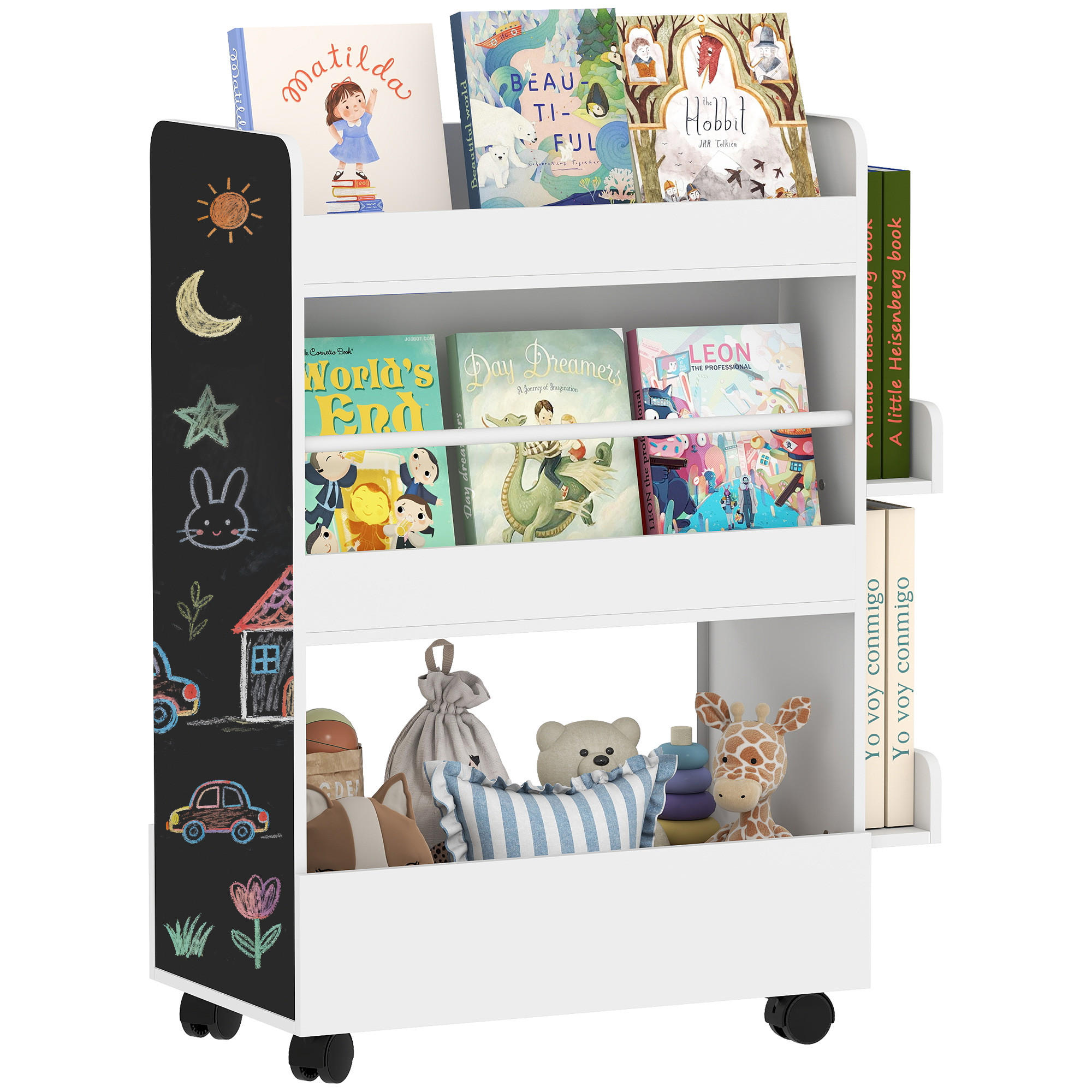 BÜCHERREGAL DE-09567 4 Regale + Tafel + Rollen Weiß - Weiß, Holzwerkstoff (66.5/86.5/32.5cm) - ComfortXL