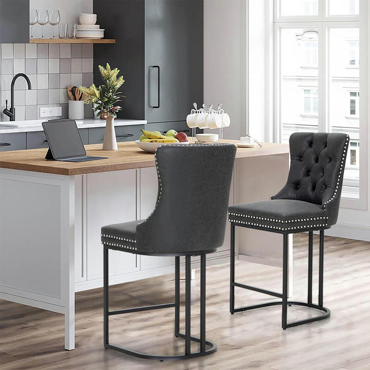 BARHOCKER 2er Set Kunstleder Schwarz mit Knopfsteppung und Nieten - Schwarz, Kunststoff (51/104/60cm)