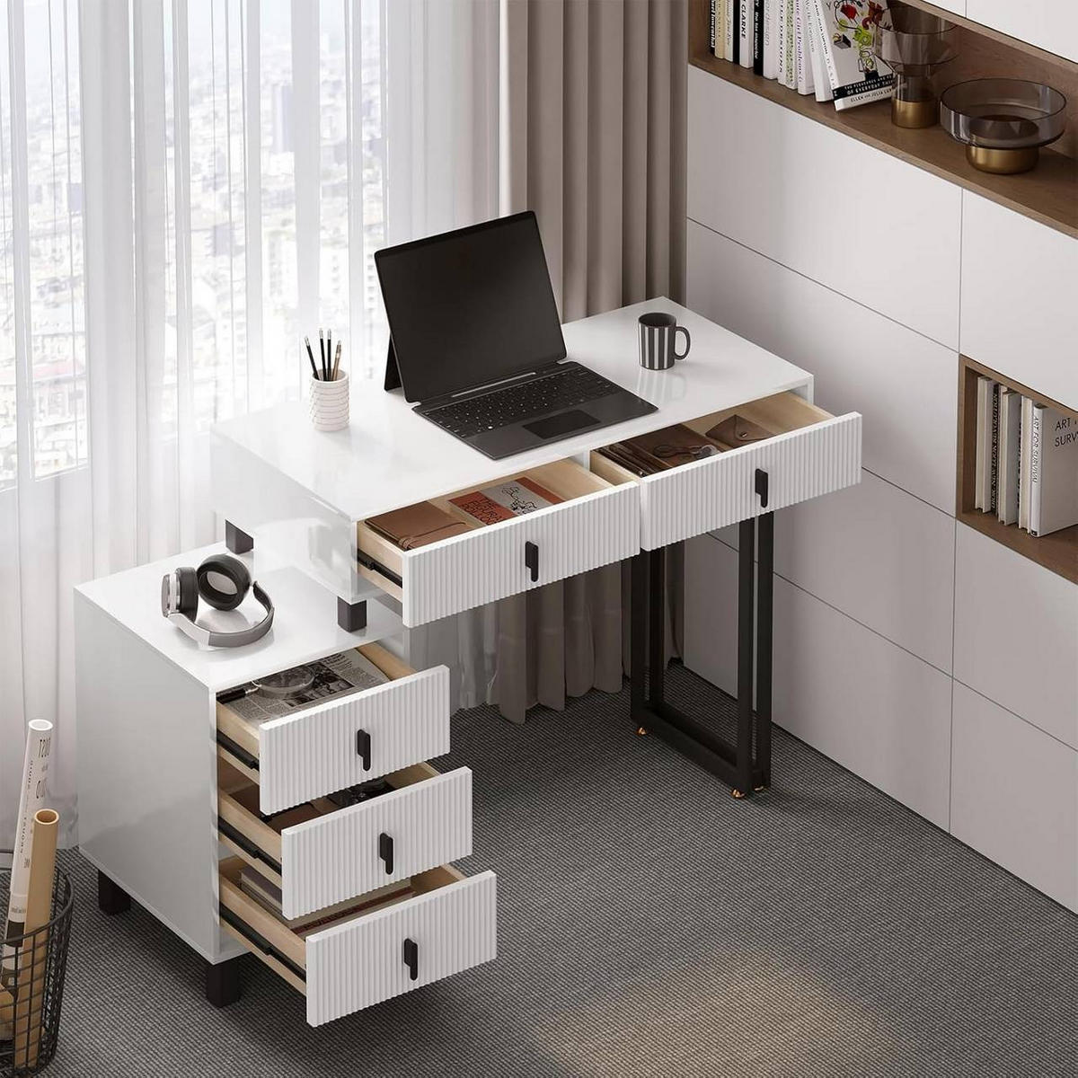 SCHMINKTISCH mit LED, Spiegel, Weiß+Schwarz - Schwarz/Weiß, Glas/Holz (90/130/38cm) - Woltu