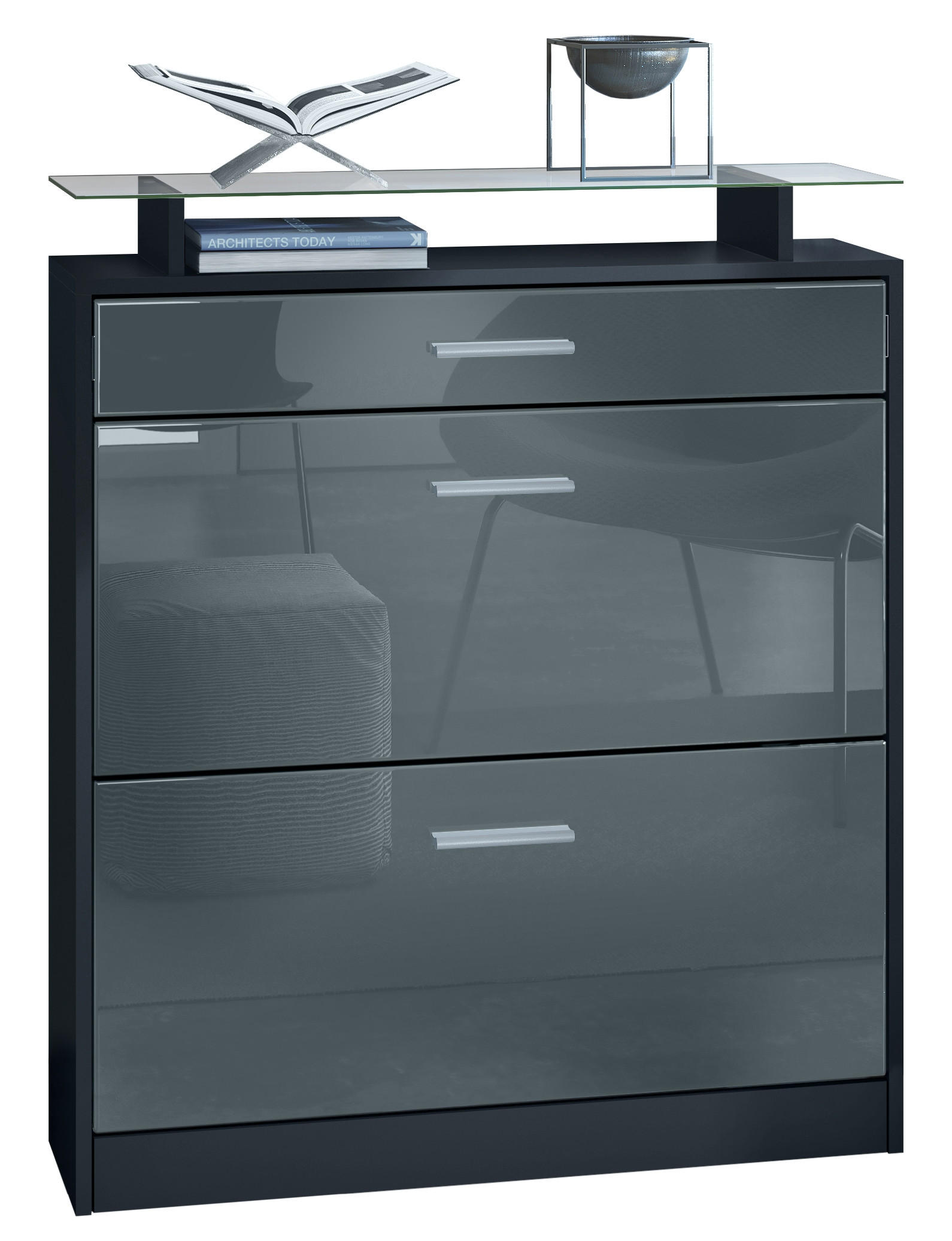 SCHUHSCHRANK Loret Front in Grau Hochglanz - Grau, Holzwerkstoff (89/104/23cm) - Vladon
