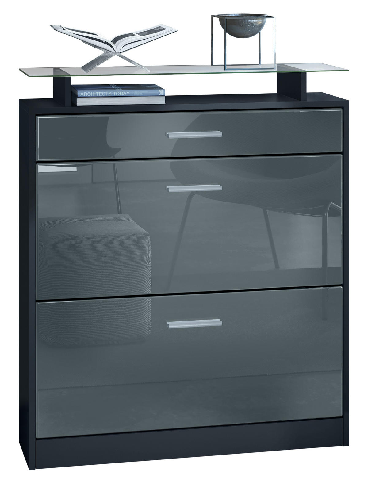 SCHUHSCHRANK Loret Front in Grau Hochglanz - Grau, Holzwerkstoff (89/104/23cm) - Vladon