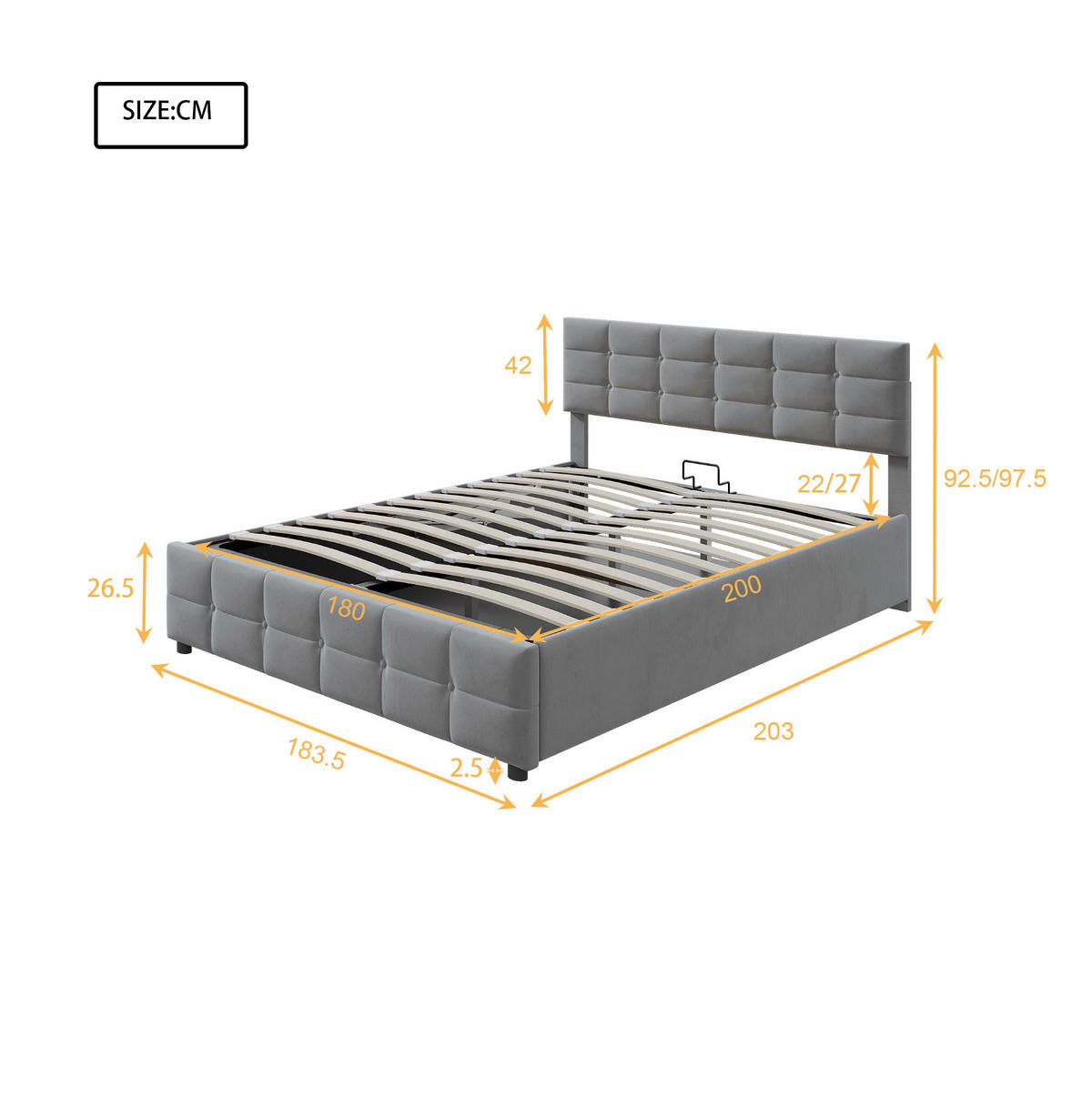 POLSTERBETT mit Stauraum 180x200 cm Samt Grau - Grau, Metall (180/200cm) - Meubliv
