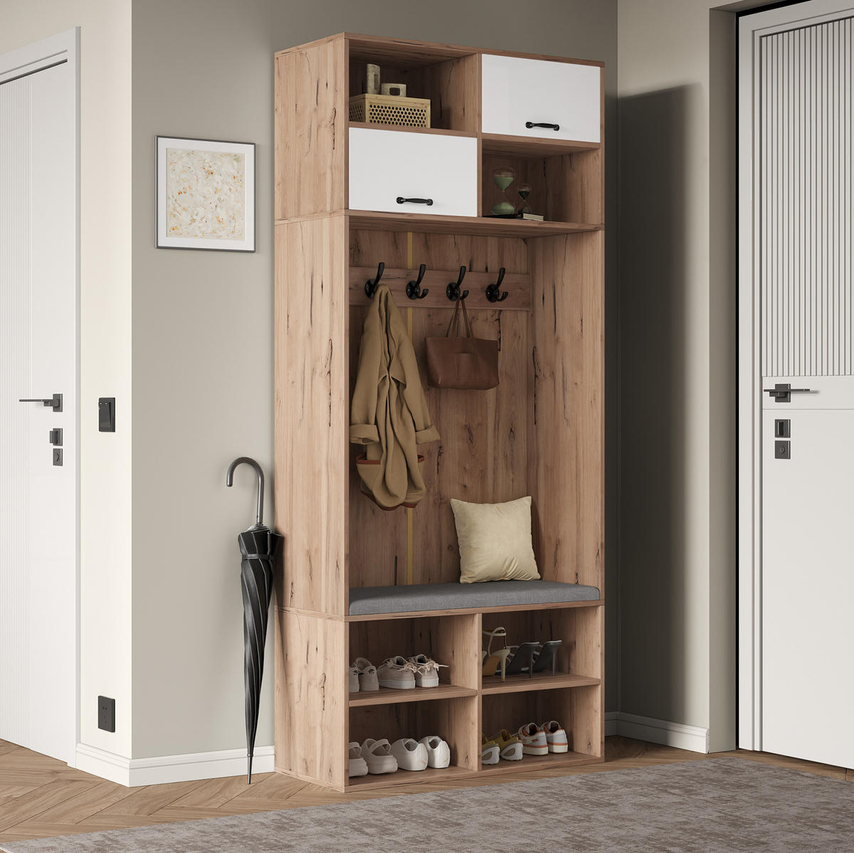 GARDEROBE 80/35/185 cm weiß/naturfarben aus Spanplatte mit Sitzbank LED und Stauraum - Naturfarben, Holzwerkstoff (80/185/35cm) - OKWISH