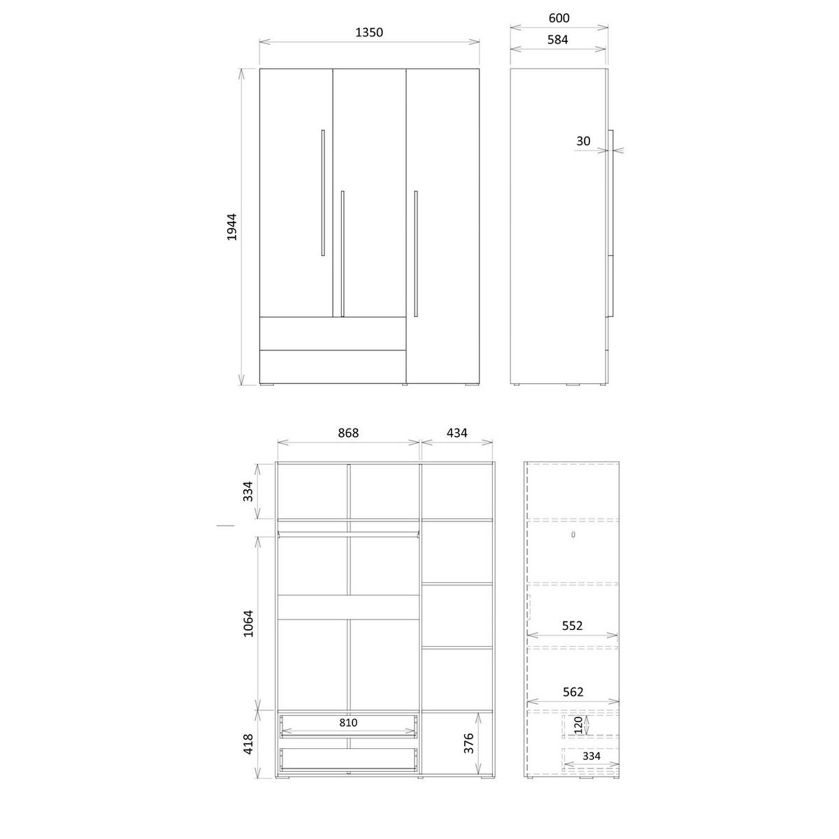 SKŘÍŇ S OTOČNÝMI DVEŘMI Largo s nástavcem, 3 dveřmi a 2 zásuvkami, do studentského pokoje, 90 cm, kašmír - kašmírová, kompozitní dřevo (135/236/60cm) - Beautysofa