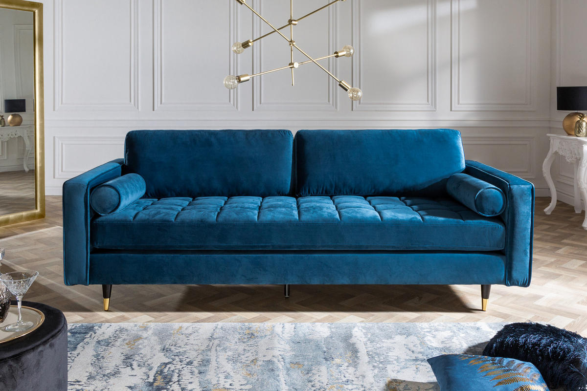 3-SITZER SOFA COZY VELVET Eukalyptus Samt Blau 220 cm - Blau/Goldfarben, Holz/Textil (220/90/85cm) - riess-ambiente