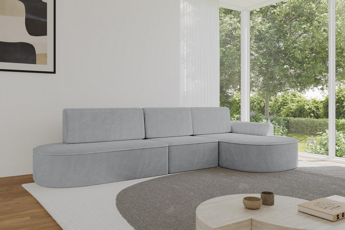 ECKSOFA mit Schlaffunktion Ottomane RECHTS MARI L2-S 368X167X85 Grau Cord - Alufarben/Schwarz, Holzwerkstoff/Kunststoff (167/368cm) - ALTDECOR