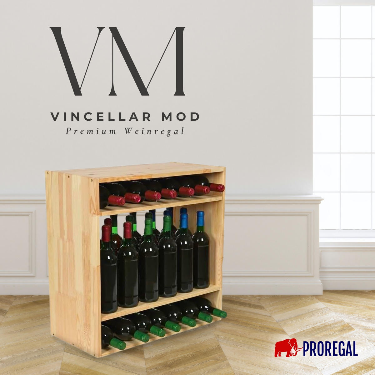 WEINREGAL Vincellar Mod 60x60x30 cm Standflaschen Modul Für 32 Flaschen Massives Kiefernholz Natur - Naturfarben, Holz (60/60/30cm) - PROREGAL