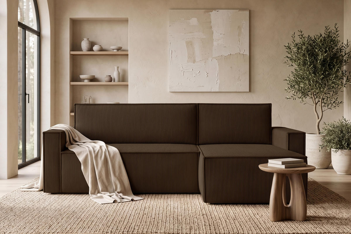 ECKSOFA-LINKS/RECHTS NAPI Schlaffunktion mit Cordbezug, dunkelbraun - Dunkelbraun/Schwarz, Textil (246/148cm) - KONSIMO®