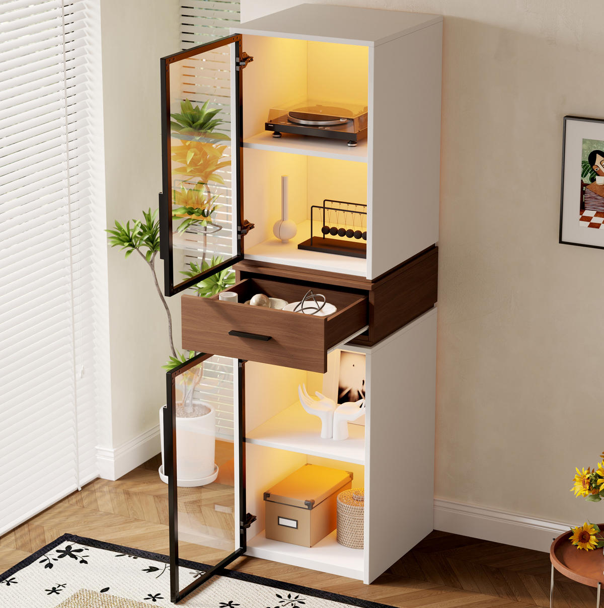 HIGHBOARD mit Glastüren und LED 40/40/200 cm in Weiß mit Schublade - Weiß, Holzwerkstoff (40/200/40cm) - BEAOK