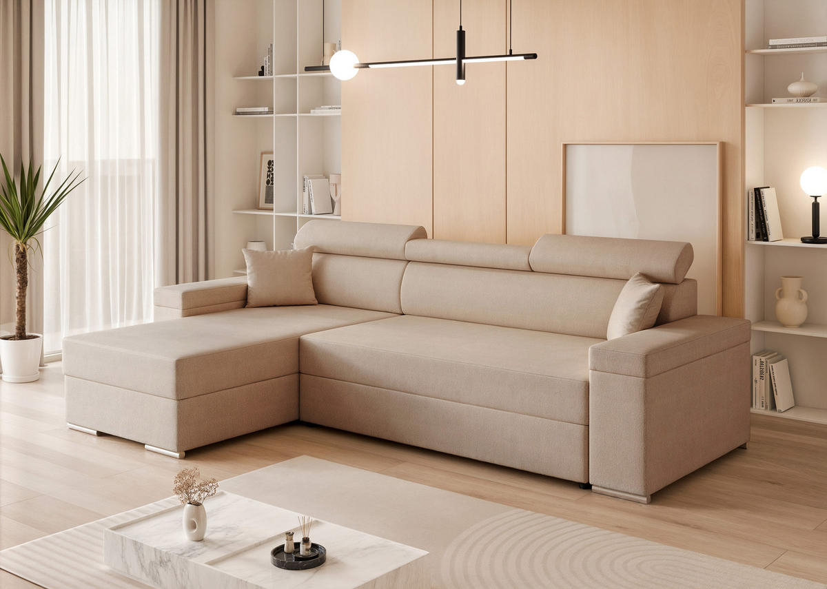 ECKSOFA AISHA mit Schlaffunktion und Bettkasten Beige - Beige, Holzwerkstoff/Kunststoff (250/90cm) - Idohome
