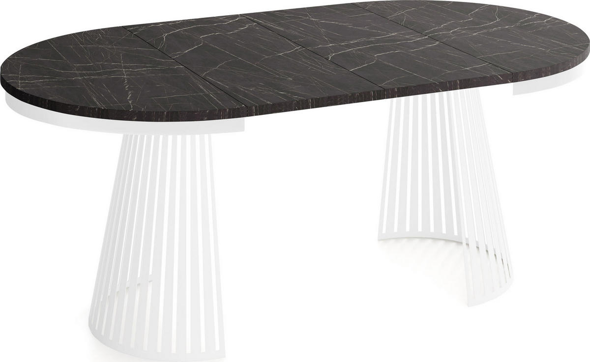 ESSTISCH Naro rund ausziehbar mit Weißem Lamellen-Metallgestell, Marmor Schwarz 120-200/120/76 cm - Anthrazit/Schwarz, Holzwerkstoff/Metall (120/196/76cm) - WFL GROUP