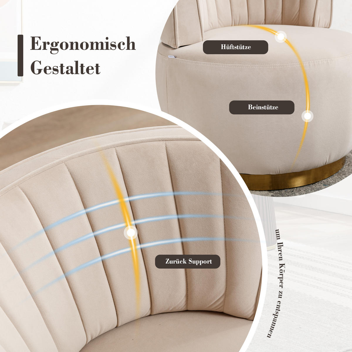 SESSEL Samt Beige drehbar - Beige, Holzwerkstoff/Textil (62.5/69.5/62cm) - WISHDOR