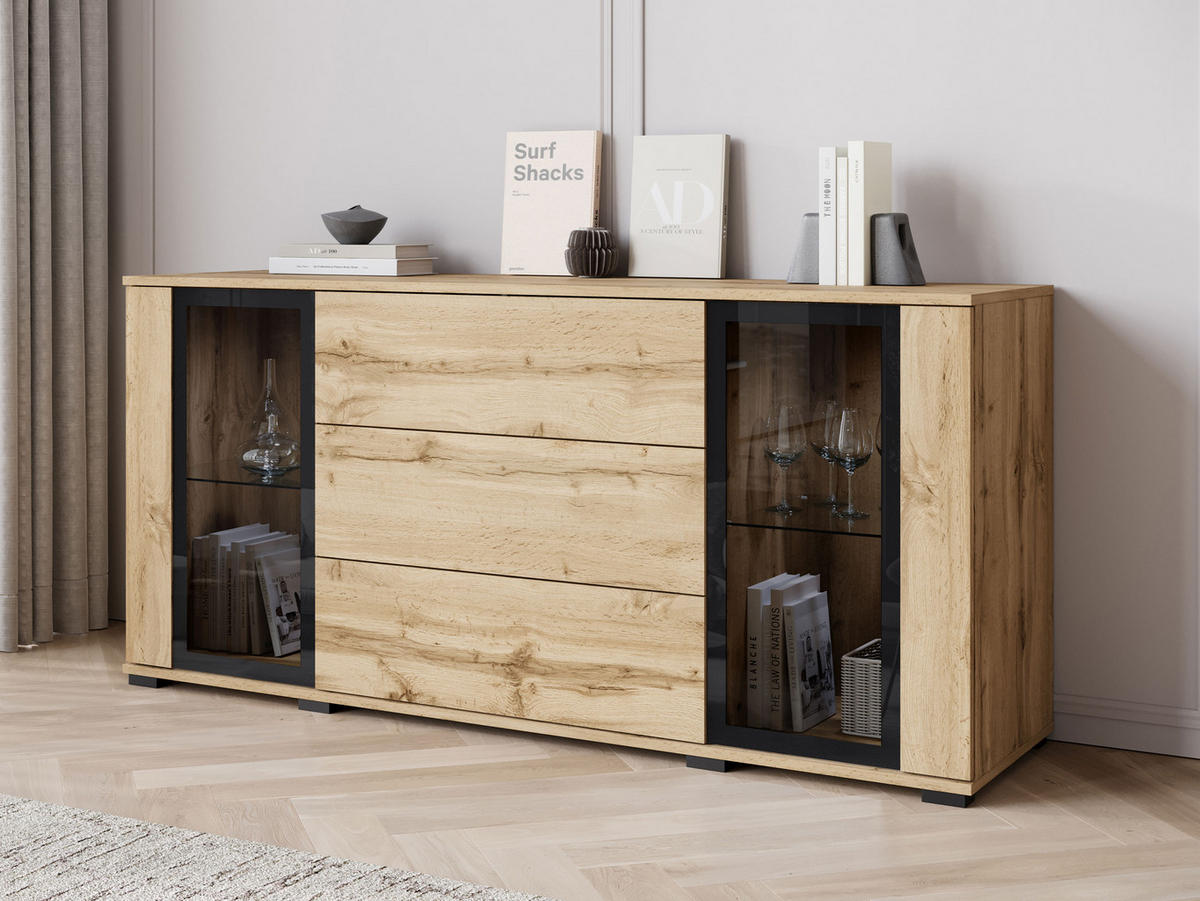 SIDEBOARD Caro SB 150 2D3S - Eiche Wotan/Schwarz, Holzwerkstoff/Kunststoff (150/70/40cm) - MIRJAN24