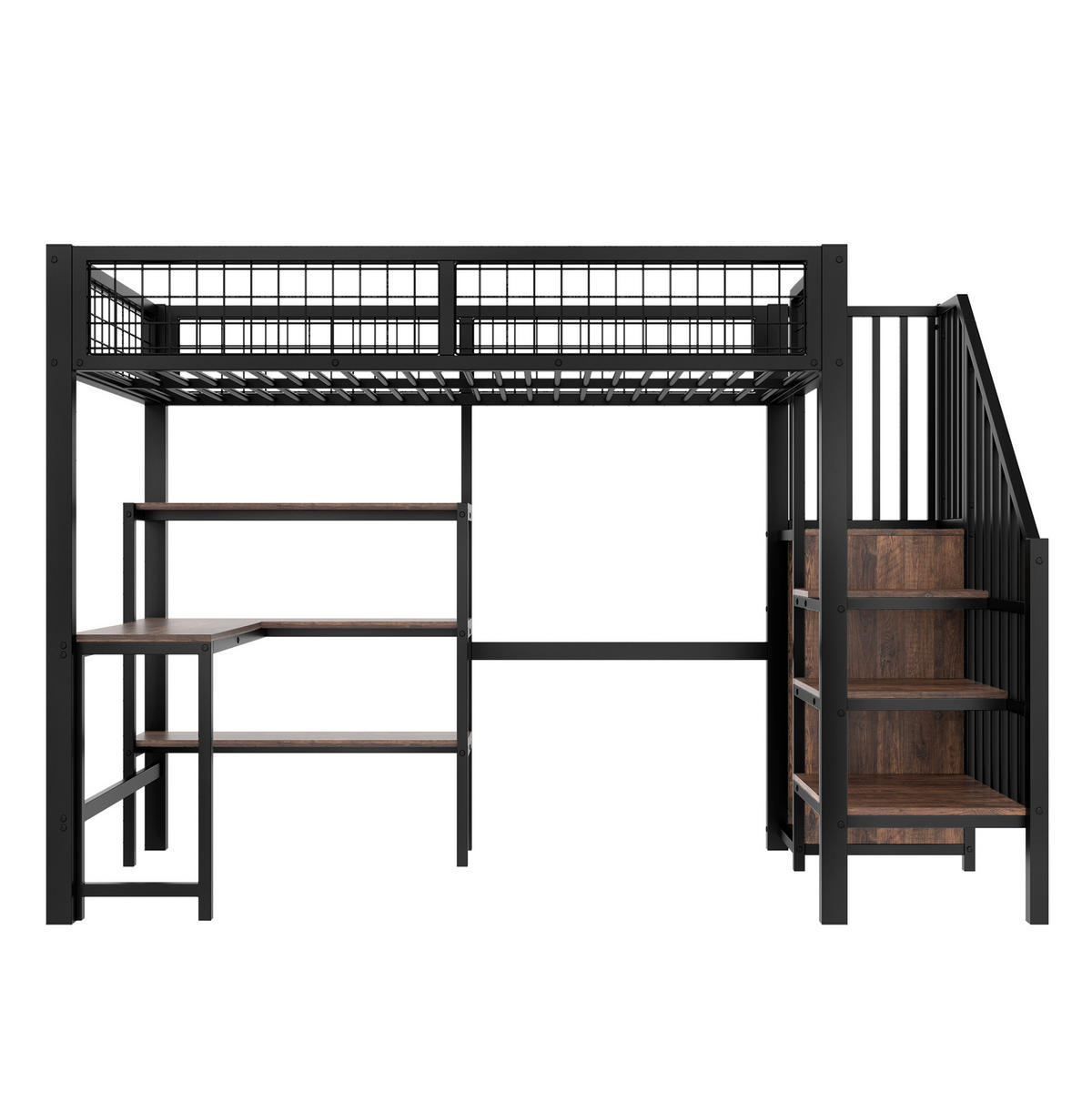 HOCHBETT 90/200 cm aus Metall und MDF mit Schreibtisch, Regalen und Kleiderschrank Schwarz/Braun - Schwarz, Holzwerkstoff (90/200cm) - Modenvie
