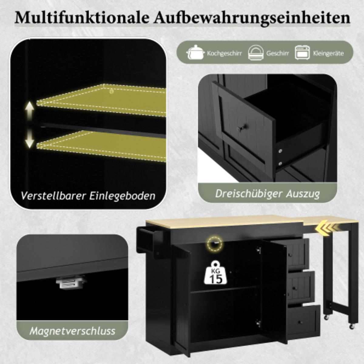 KÜCHENINSEL mit seitlich ausziehbarer Arbeitsplatte schwarz 112-186,8×45×93 cm aus MDF - Schwarz, Holzwerkstoff (186.8/93/45cm) - Luhomfu