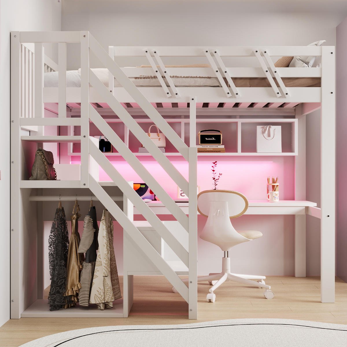 HOCHBETT 90/200 cm DE-01497, in Weiß, mit Aufbewahrungstreppe, Schreibtisch und LED-Licht - Weiß, Holz (90/200cm) - ComfortXL