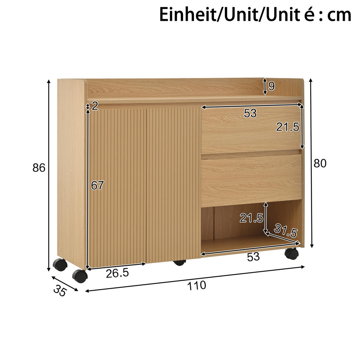 SCHUHSCHRANK 110/35/86 cm in Natur mit Schubladen, Rollen und verstellbaren Fächern - Naturfarben, Holzwerkstoff (110/86/35cm) - BEAOK