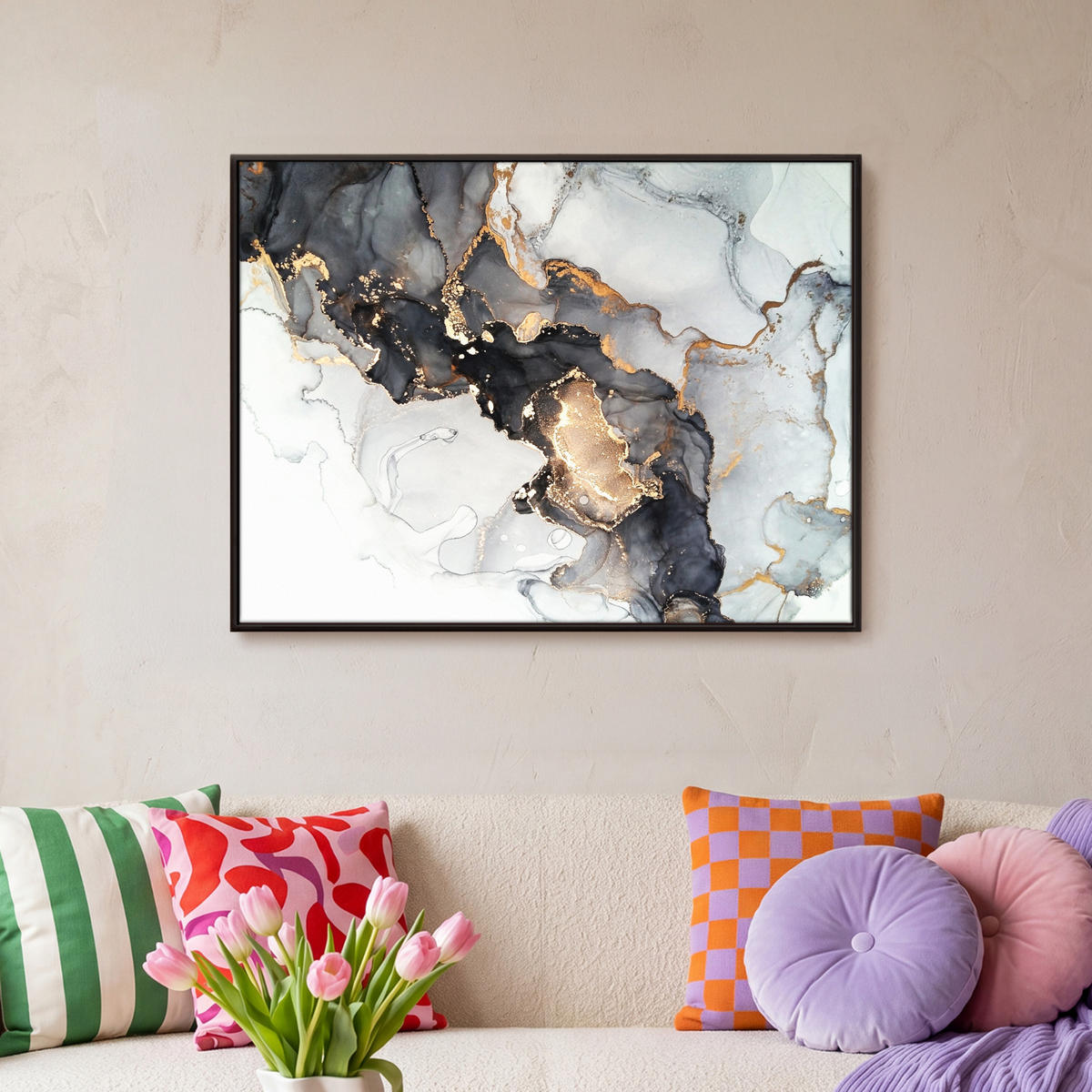 LEINWAND Bilder mit Rahmen - Marmor - Schwarz - Weiß - Gold - Luxus - Abstrakt - 70x50 - Goldfarben, Textil (70/50cm) - MuchoWow