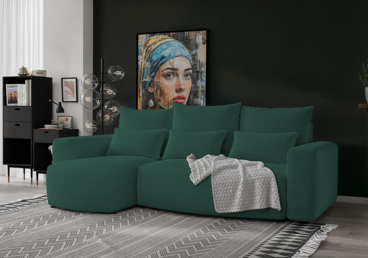 ECKSOFA Travis mit Bettkasten und Schlaffunktion, L-Form, Boucle, Universal - Dunkelgrün, Holzwerkstoff (248/148cm) - 4ALL HOME