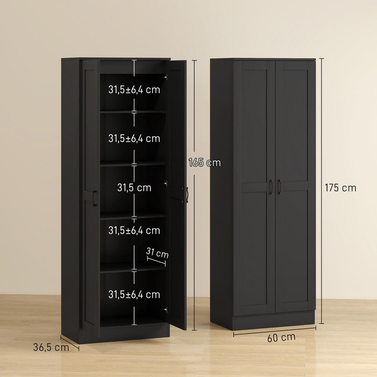 HIGHBOARD DE-11325 2 Türen & 5 Böden (3 verstellbar) Schwarz - Schwarz, Holzwerkstoff (36.5/175/60cm) - ComfortXL