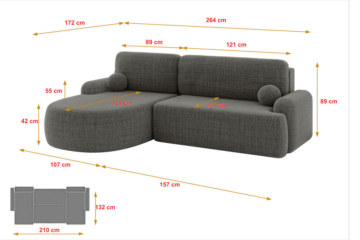 WOHNLANDSCHAFT mit Schlaffunktion und Bettkasten LIRA-L - 264x172x89 Grau - Grau, Holzwerkstoff/Textil (264/172cm) - ALTDECOR