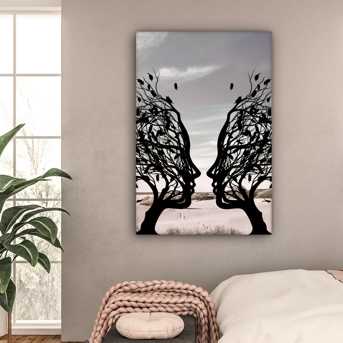 LEINWANDBILD Strand - Meer - Menschen - Baum - Moderne Kunst 80x120 cm - Hellgrau, Textil (80/120cm) - MuchoWow