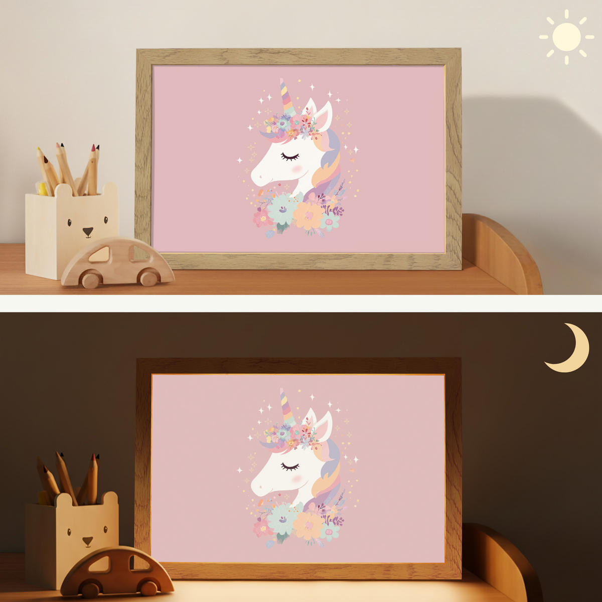 NACHTTISCHLAMPE Einhorn - Rosa - Blumen 30x20 cm - Rosa, Holzwerkstoff (8/30/20cm)