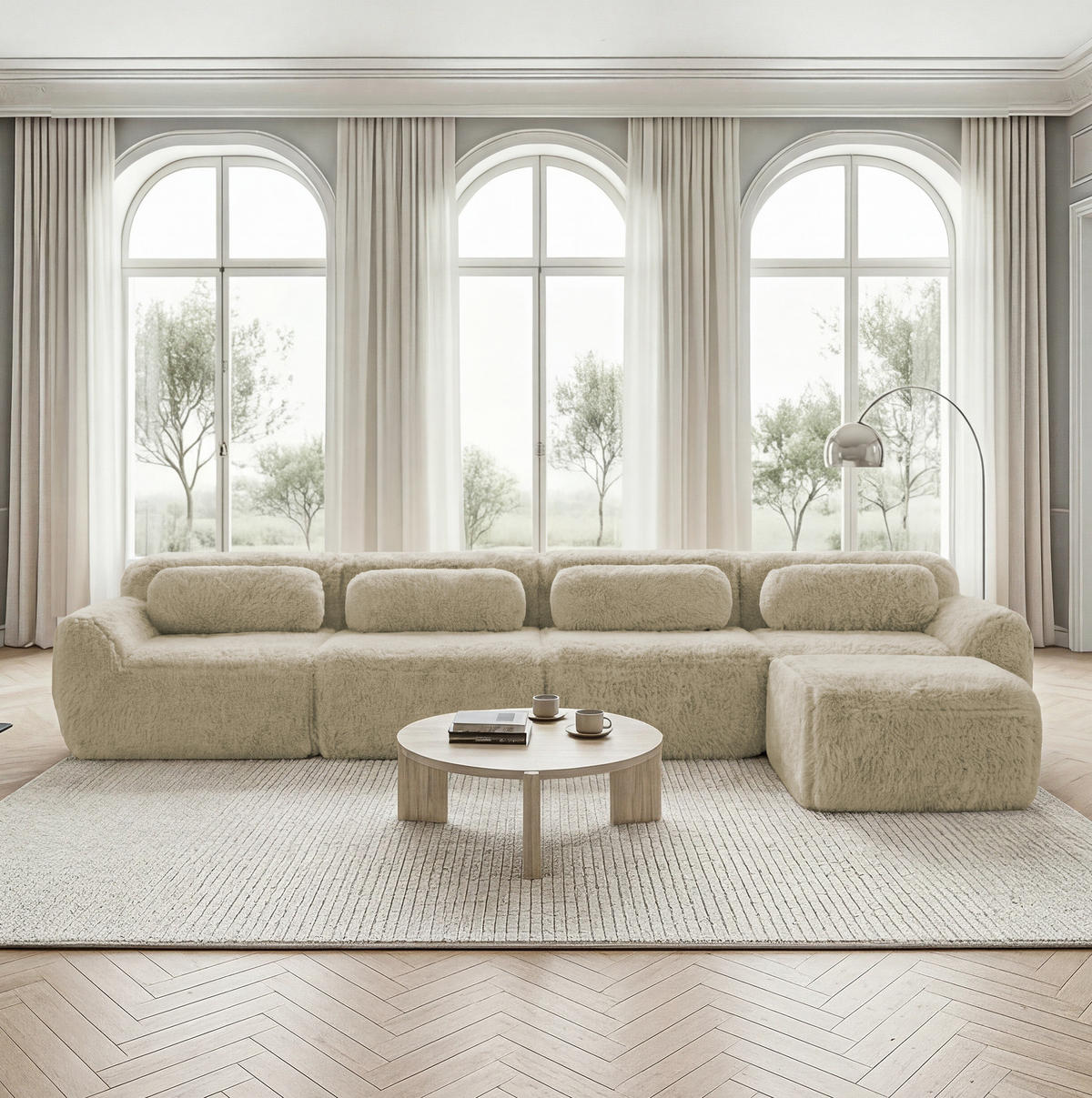 ECKSOFA 378/179/73 cm hellkhaki aus Plüsch als 4-Sitzer Ecksofa ohne Montage - Beige, Textil (179/378cm) - OKWISH