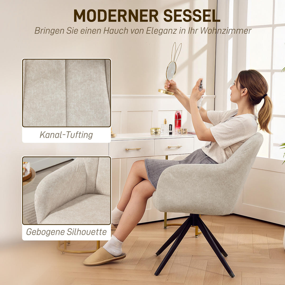 SESSEL Wohnzimmer Drehbar Loungesessel Gepolsterter Getufteter Relaxsessel Beige - Beige, Kunststoff (56/86/63cm) - HOMCOM