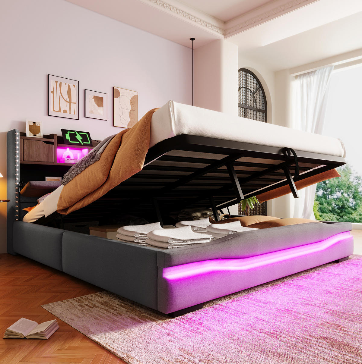 POLSTERBETT mit Stauraum und LED 180x200 cm Leinen Grau - Grau, Metall (180/200cm) - Meubliv